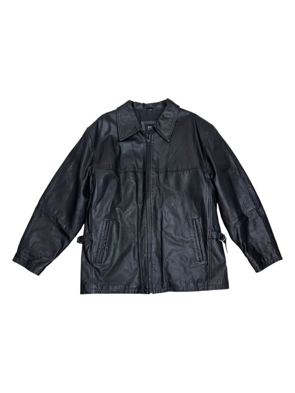 PELLE CUIR Vintage Genuine Leather Black Casual Heavy Jacket Coat Mens Large